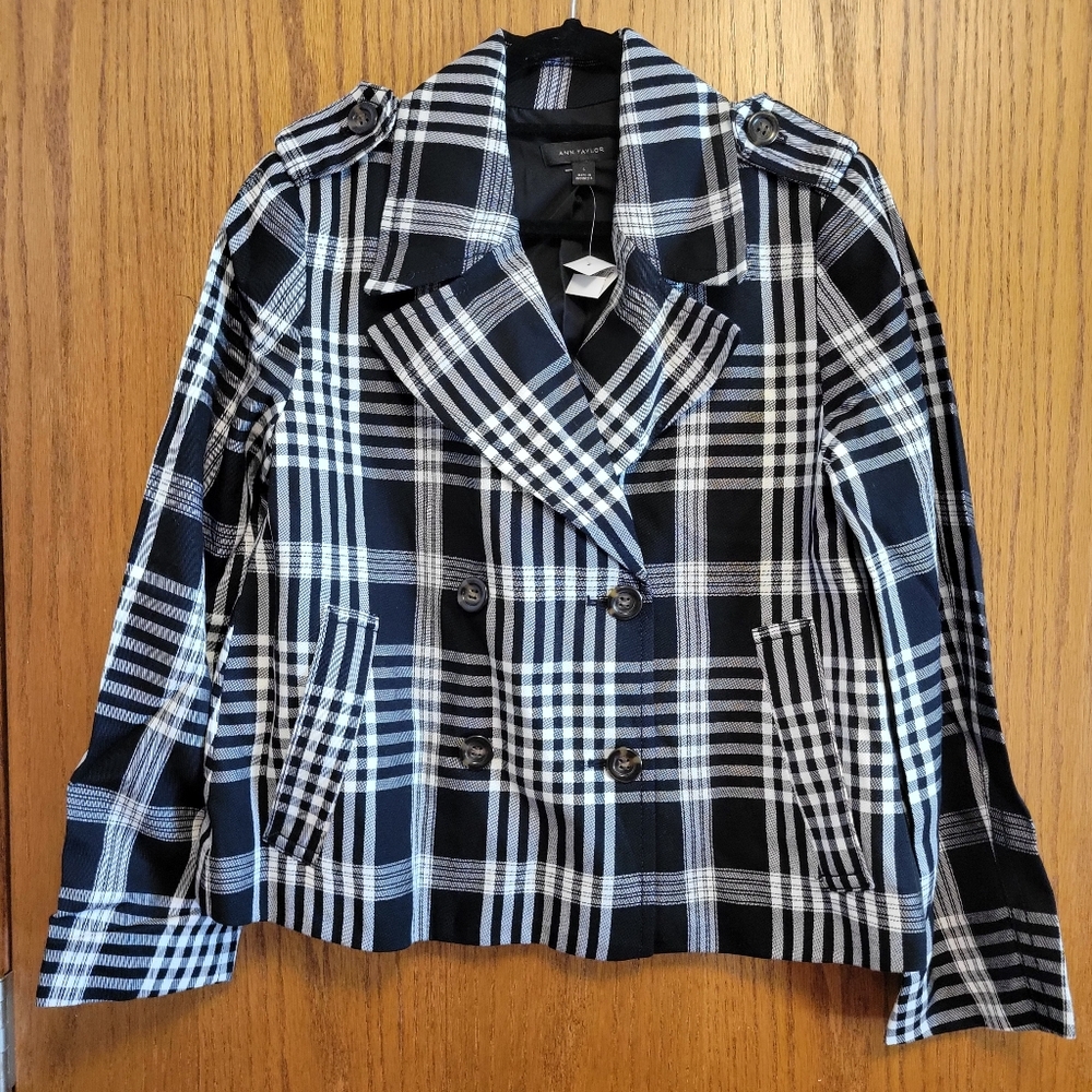 Ann Taylor Black and White Plaid Pea Coat S NWT!